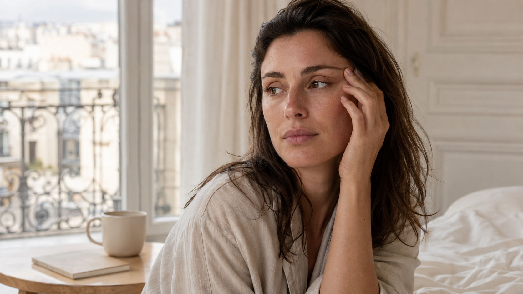 Femme avec le regard fatigué illustrant les cernes sous les yeux et les gestes naturels pour réveiller le regard