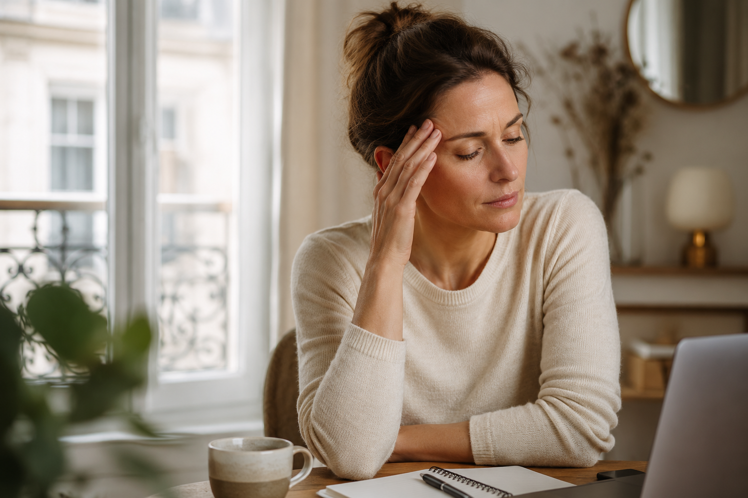 Femme touchant sa mâchoire en cas de douleurs liées au stress et de visage crispé