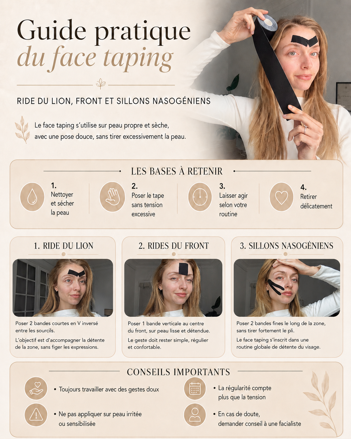 Infographie résumant les étapes essentielles du face taping visage pour la ride du lion, le front et les sillons nasogéniens